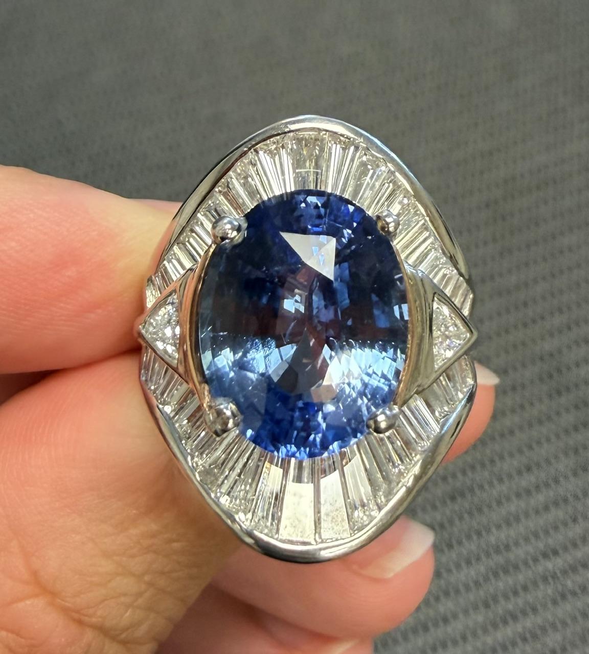 10.01ct Oval Heated Sapphire 4.50ct Baguette + Trillion Diamond Platinum Ring
