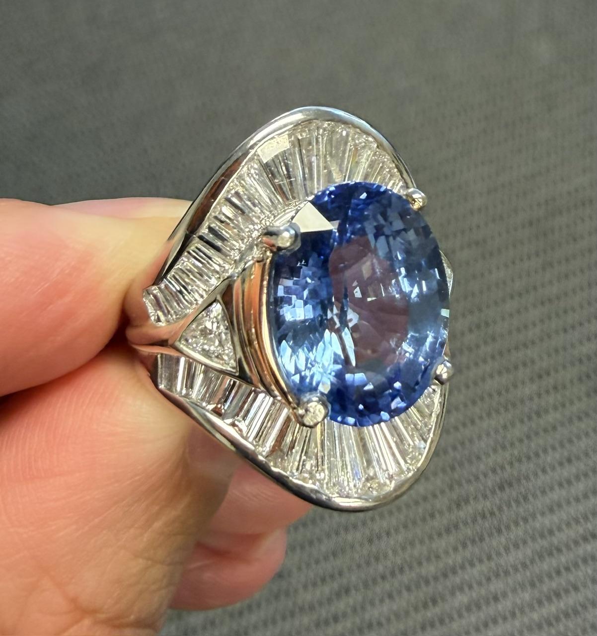 10.01ct Oval Heated Sapphire 4.50ct Baguette + Trillion Diamond Platinum Ring