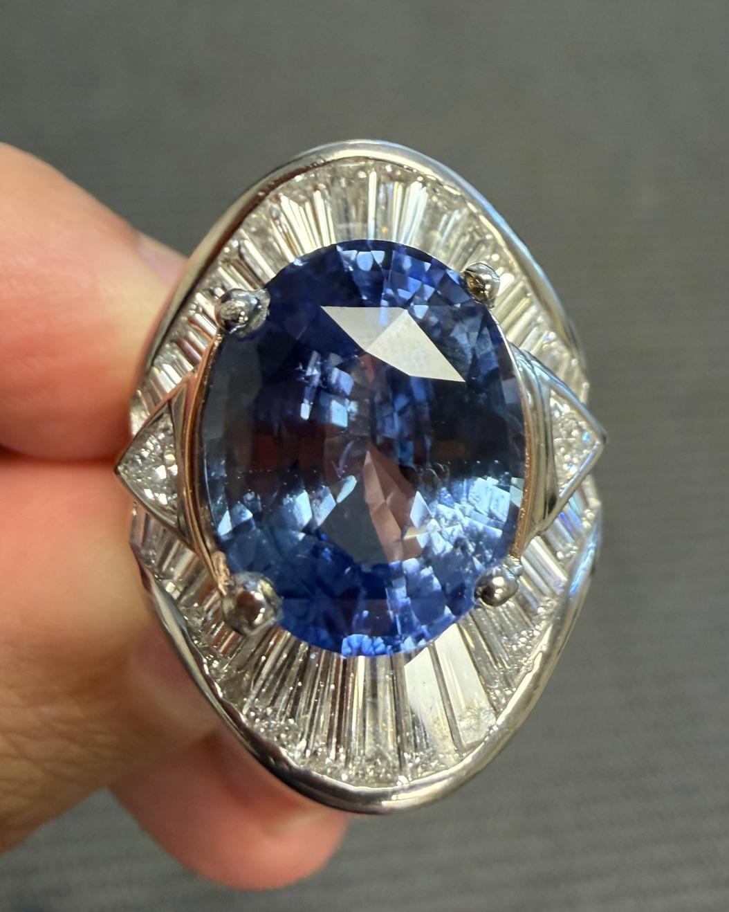 10.01ct Oval Heated Sapphire 4.50ct Baguette + Trillion Diamond Platinum Ring