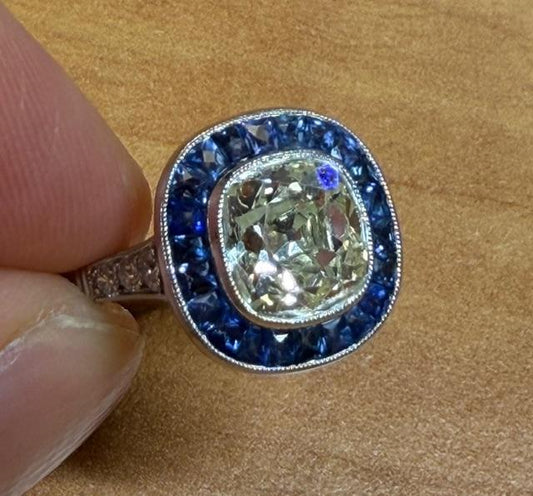 2.18ct Old Mine Cushion Diamond 1.47ct French-cut Sapphires Handmade PT Ring