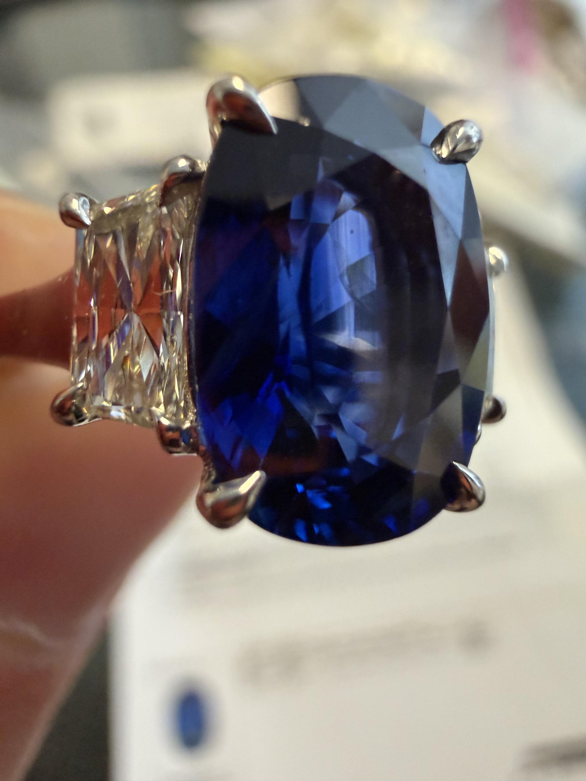 4.58ct Madagascar Heated Cushion Sapphire .83ct Hexagon Diamond PT Ring