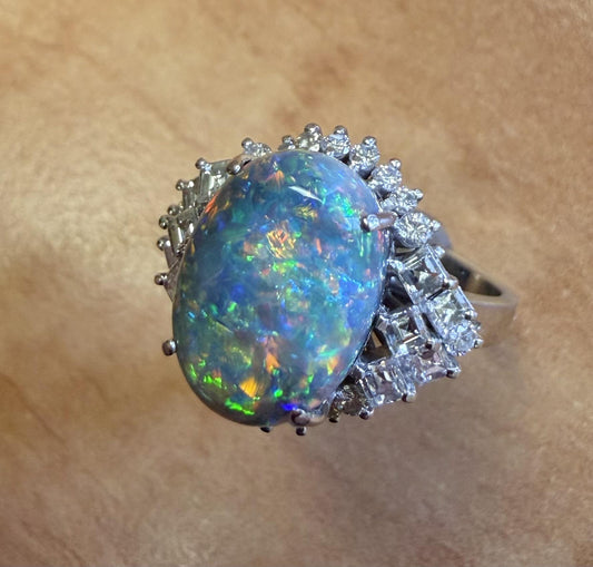 4.20ct Black Australian Red Opal .79ct Diamond PT Ring