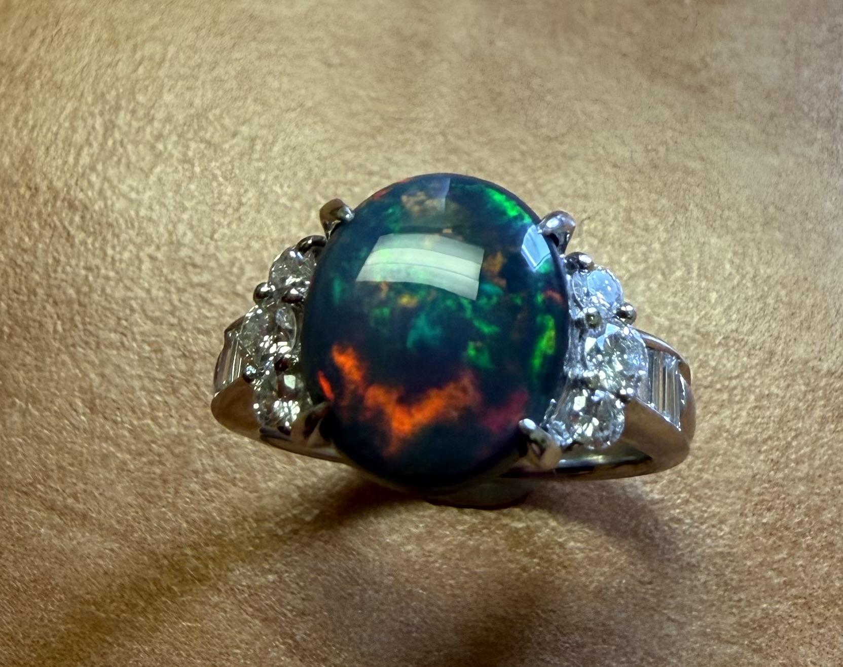 3.12ct Black Australian Opal .54ct Diamond PT Ring 7.35g 5.50 Size