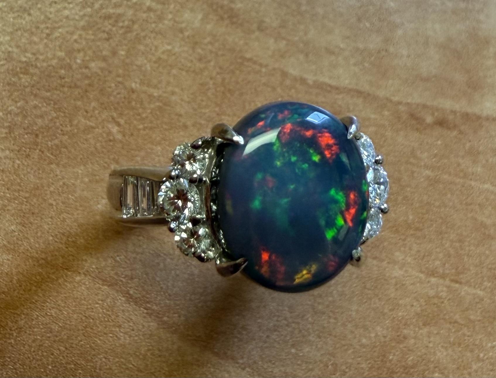 3.12ct Black Australian Opal .54ct Diamond PT Ring 7.35g 5.50 Size