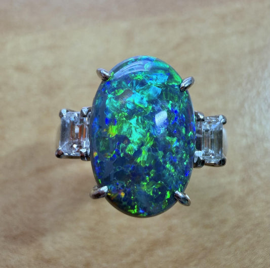 3.60ct Black Australian Opal .60ct Diamond PT Ring