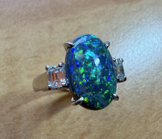 3.60ct Black Australian Opal .60ct Diamond PT Ring