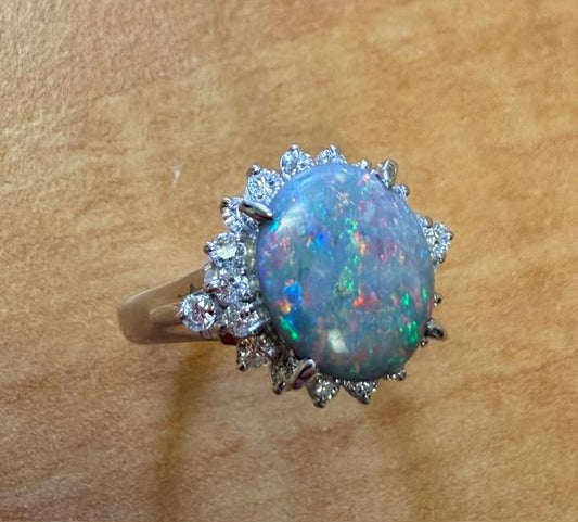 1.74ct Australian Black Opal .43ct Diamond PT Ring