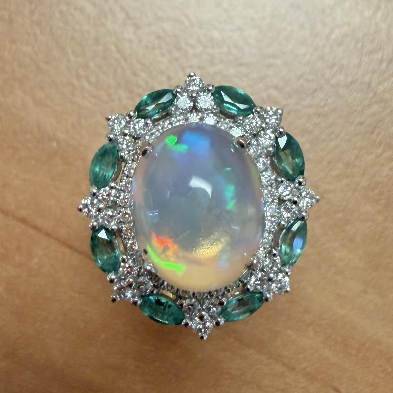 5ct Mexican Jelly Opal 1ct Diamond .80ct Emerald 18KW Gold Ring 6.90g 10.50 Size