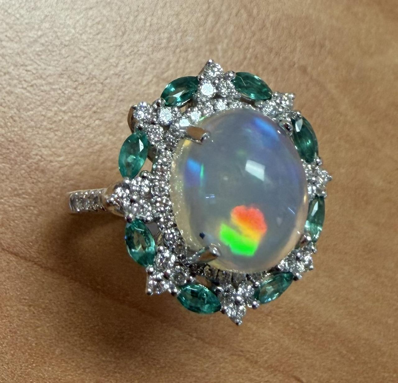 5ct Mexican Jelly Opal 1ct Diamond .80ct Emerald 18KW Gold Ring 6.90g 10.50 Size