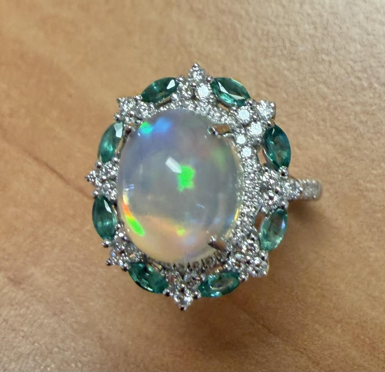 5ct Mexican Jelly Opal 1ct Diamond .80ct Emerald 18KW Gold Ring 6.90g 10.50 Size