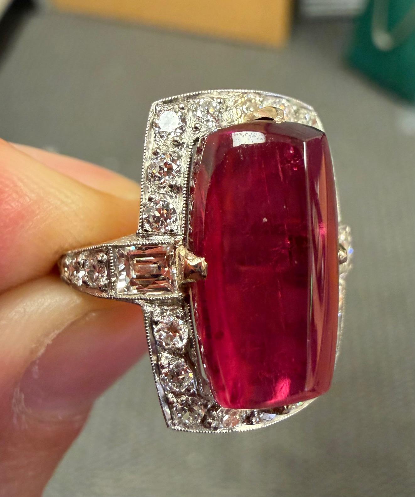 6.90ct Rectangular Cabochon Rubellite Tourmaline PT Handmade Ring