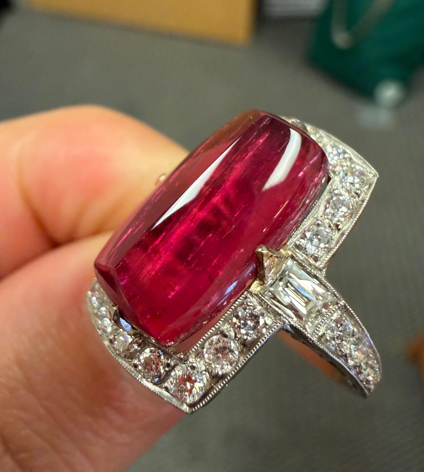 6.90ct Rectangular Cabochon Rubellite Tourmaline PT Handmade Ring