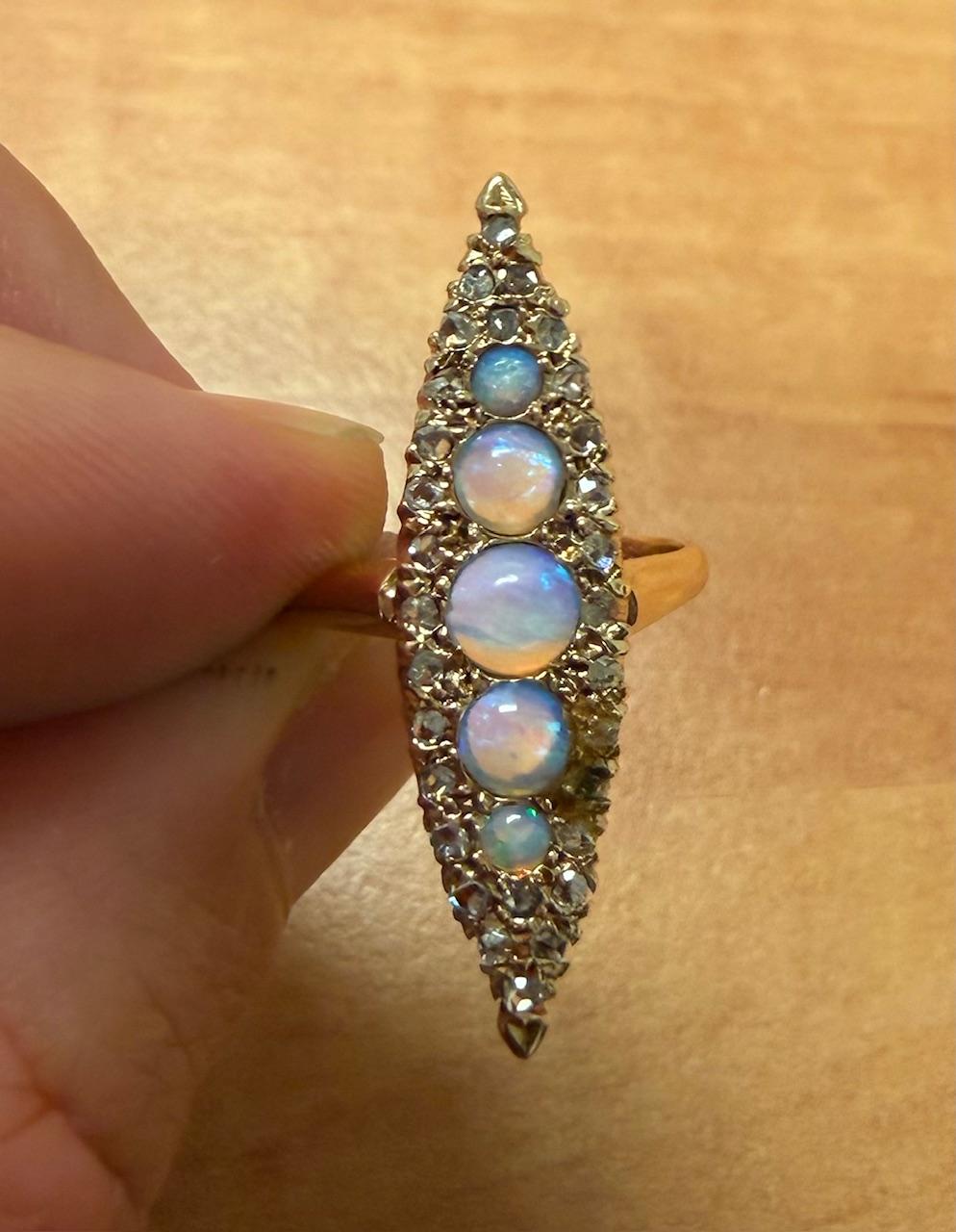 Original Victorian .70ct Opal .70ct Diamond 14KY Navette Ring (Antique 1870s)