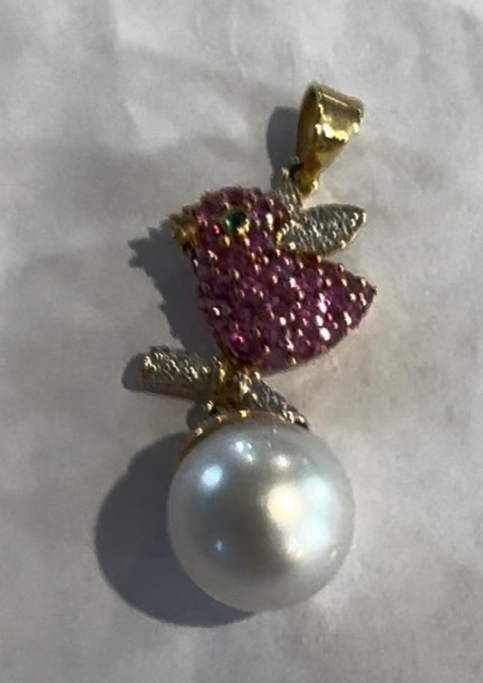 Pink Sapphire, Diamond & Pearl Bird Estate Pendant 2" Length