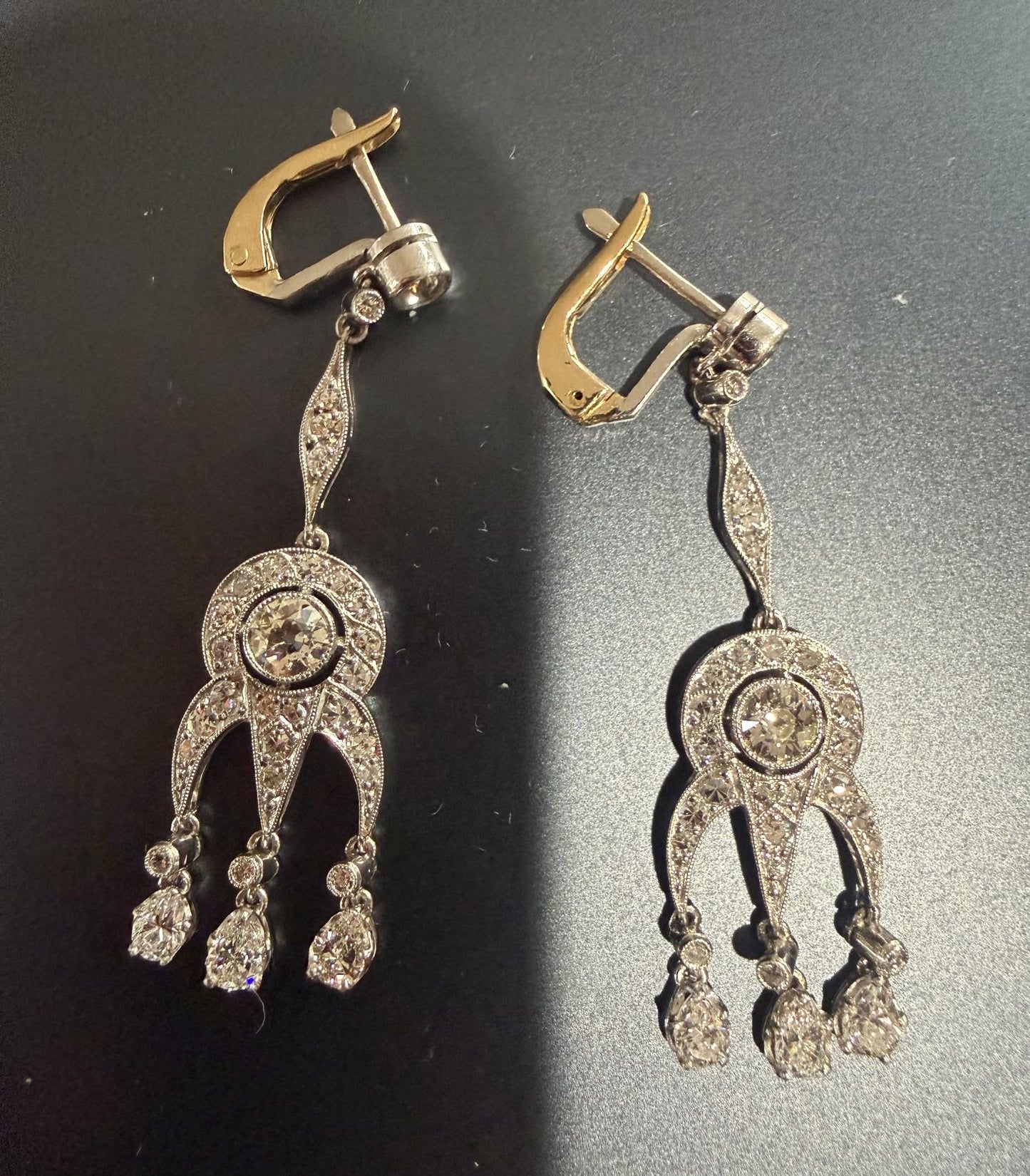 .90ct European Center Diamond Handmade Drop Earrings .75ct Pear Dia 1ct SD 7.60g