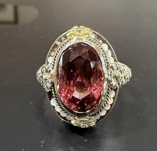 Original Art Deco 4ct Pink Tourmaline 14KW Gold Ring (Antique 1920s)