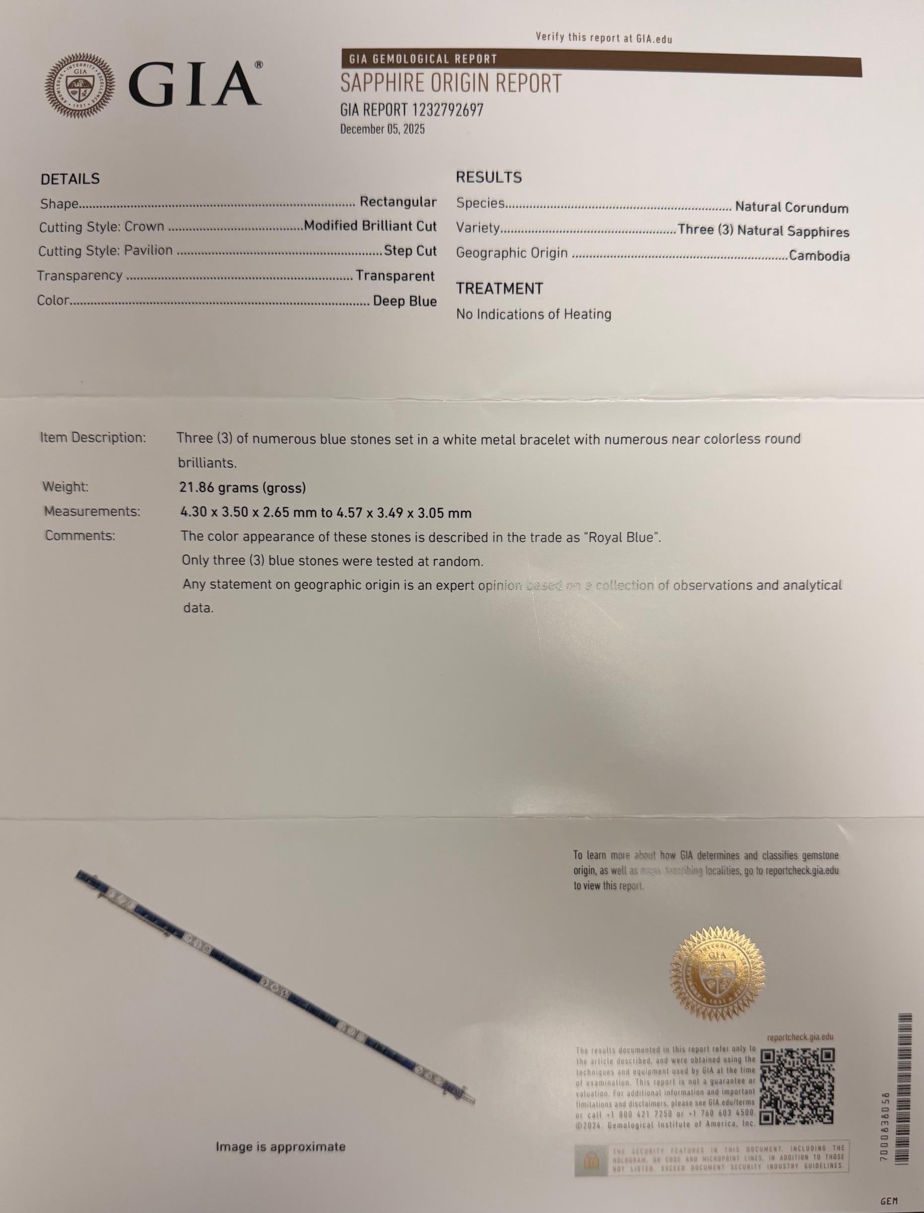 Original Art Deco 8.75ct No Heat Cambodia Royal Blue Sapphire Line Bracelet