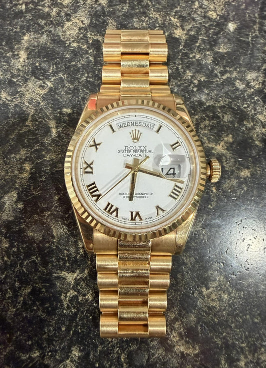 Rolex Mens Day-Date 36mm 18K Gold White Roman Dial Fluted Bezel President Watch
