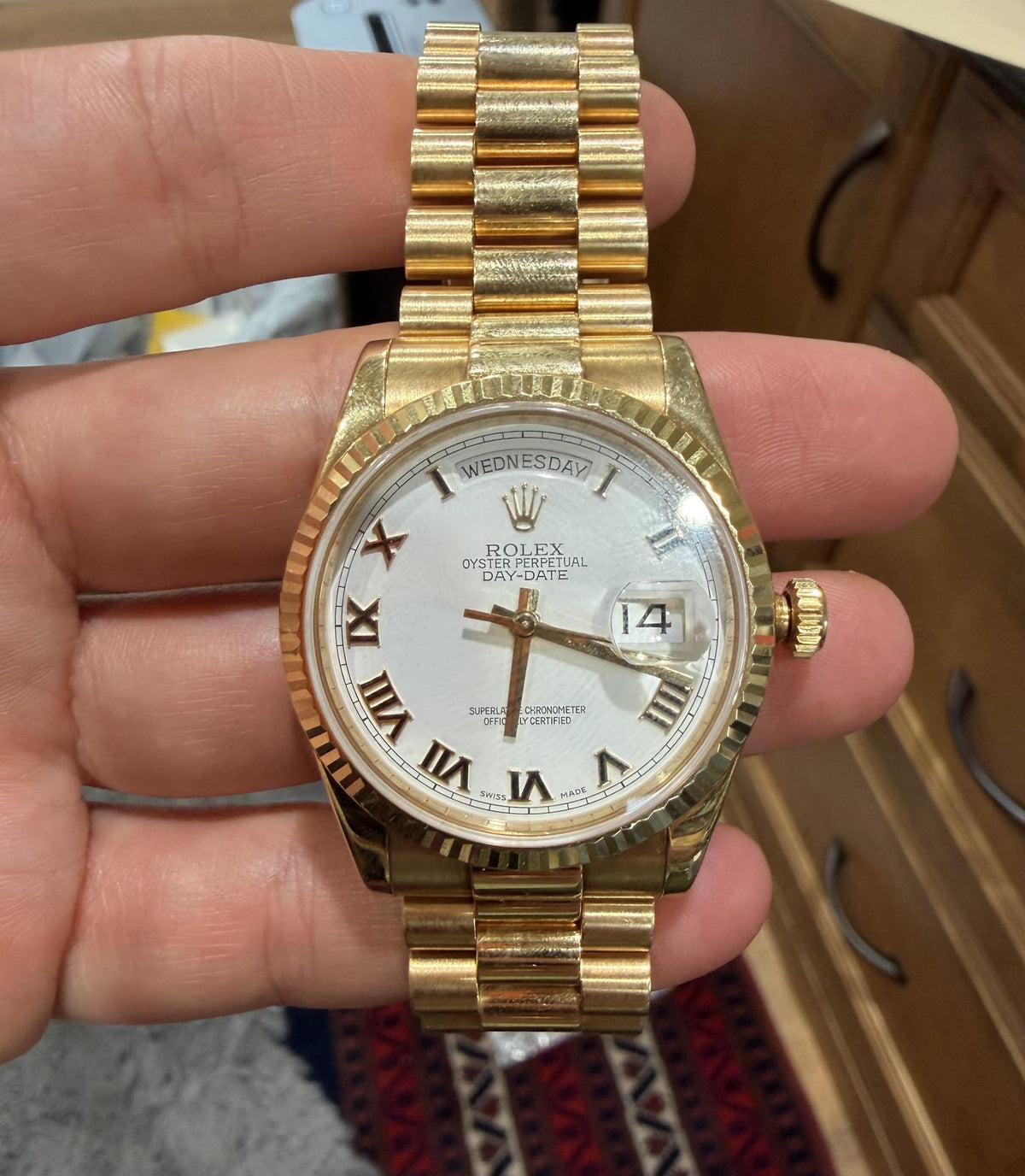 Rolex Mens Day-Date 36mm 18K Gold White Roman Dial Fluted Bezel President Watch