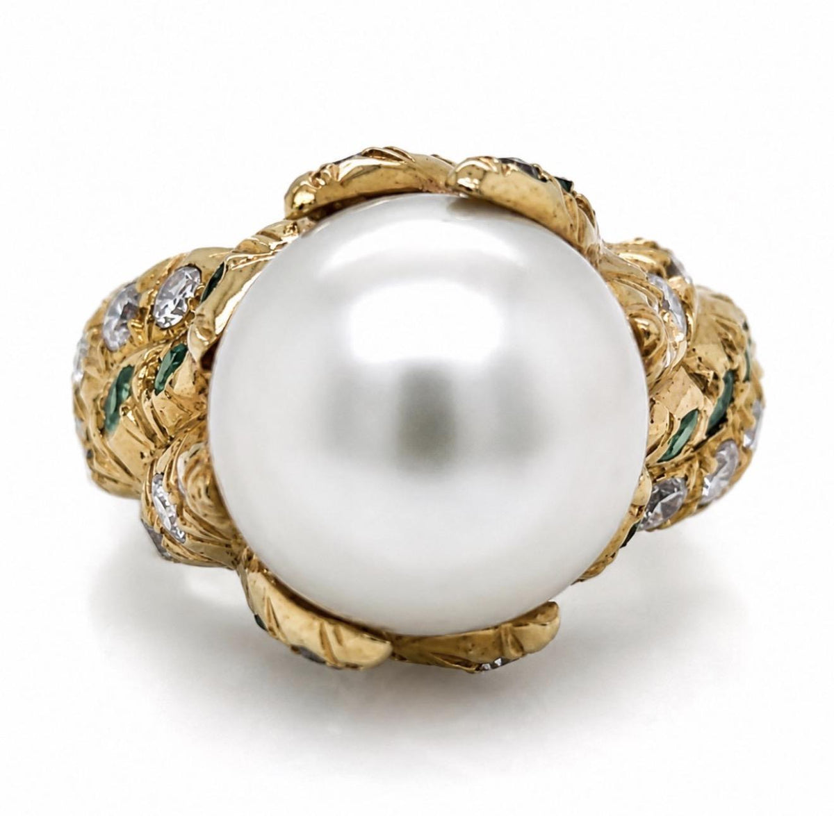 18K Yellow Gold South Sea Pearl Ring 1ct Dia F-G VVS-VS  80ct Emerald
