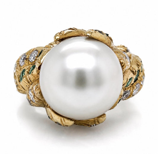 18K Yellow Gold South Sea Pearl Ring 1ct Dia F-G VVS-VS  80ct Emerald