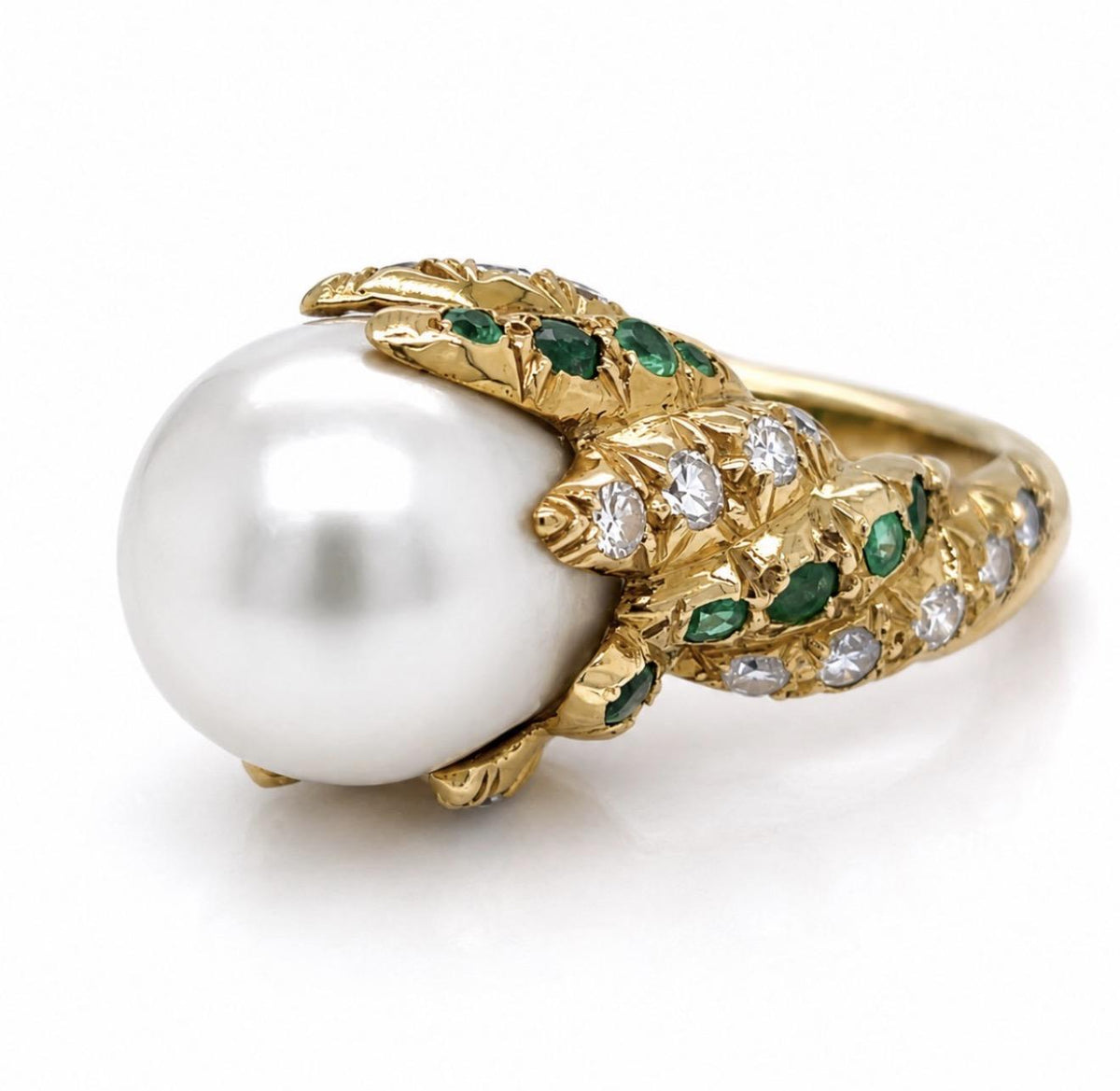 18K Yellow Gold South Sea Pearl Ring 1ct Dia F-G VVS-VS  80ct Emerald