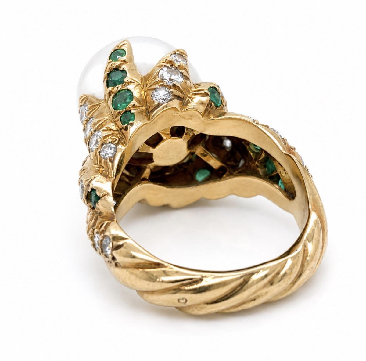 18K Yellow Gold South Sea Pearl Ring 1ct Dia F-G VVS-VS  80ct Emerald