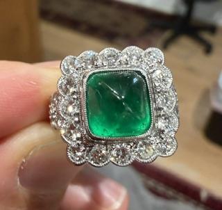 2.50ct Colombian Cabochon Emerald Platinum 2ct Diamond Ring 12.7g