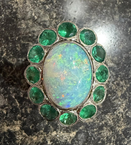 Original Edwardian 3.50ct Opal 3.73ct Emerald 14K Two Tone Ring (Antique 1900s)