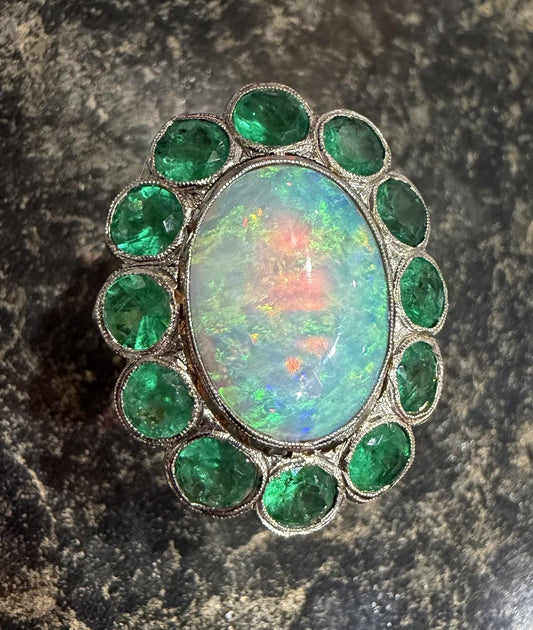 Original Edwardian 3.50ct Opal 3.73ct Emerald 14K Two Tone Ring (Antique 1900s)