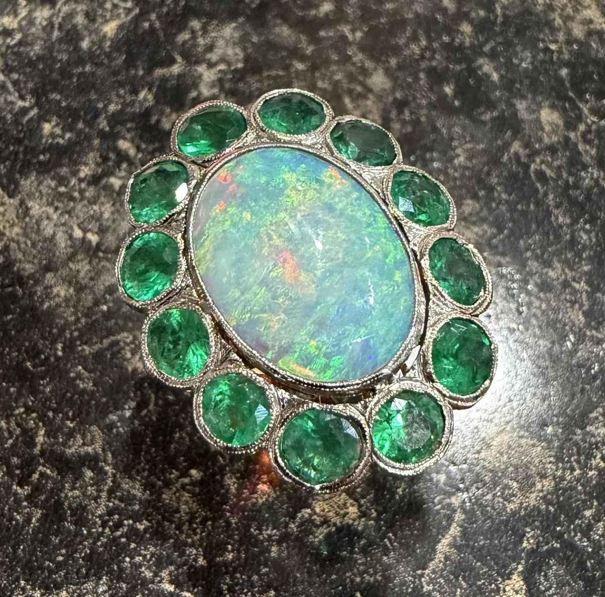 Original Edwardian 3.50ct Opal 3.73ct Emerald 14K Two Tone Ring (Antique 1900s)