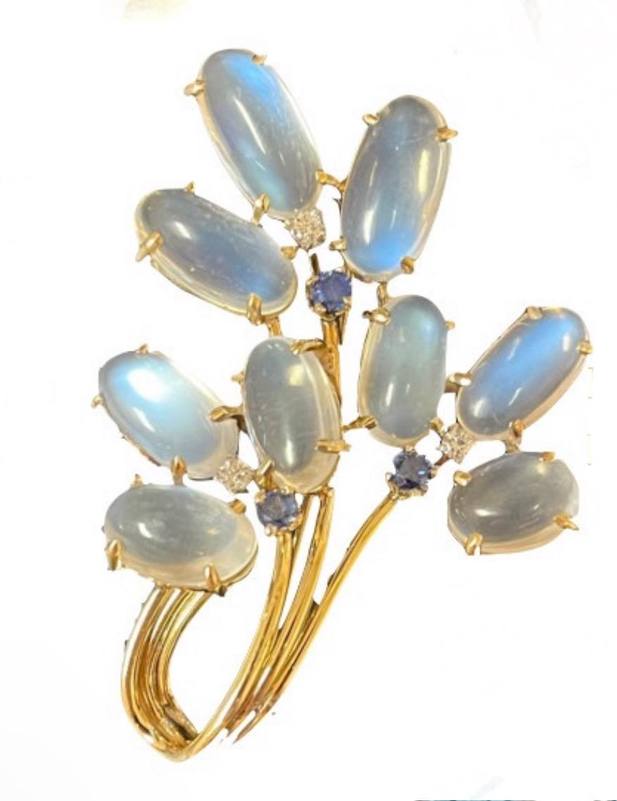 Raymond Yard 40ct Moonstone Retro 18KY Brooch (c: 1940) .12ct Dia .25ct Sap 25g