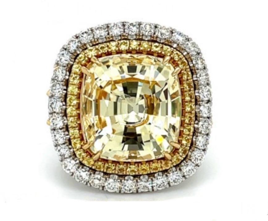 13.68ct GIA No Heat Yellow Sapphire 18KY 2 Tone Ring 2.10ct Dia 1ct Tsavorite