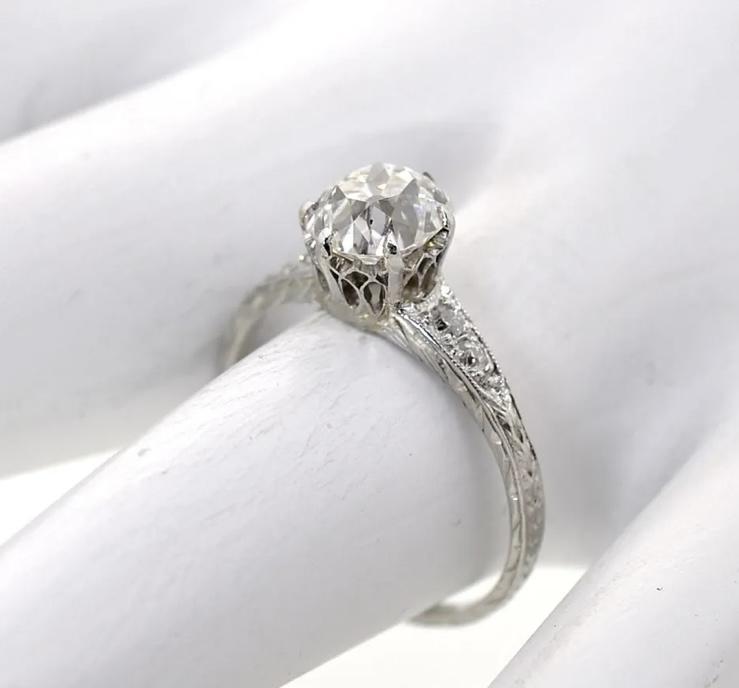 Art Deco PT Ring (Circa 1920s)  GIA D VS2 Old Mine Cut Diamond 1.53ct | SD .06ct