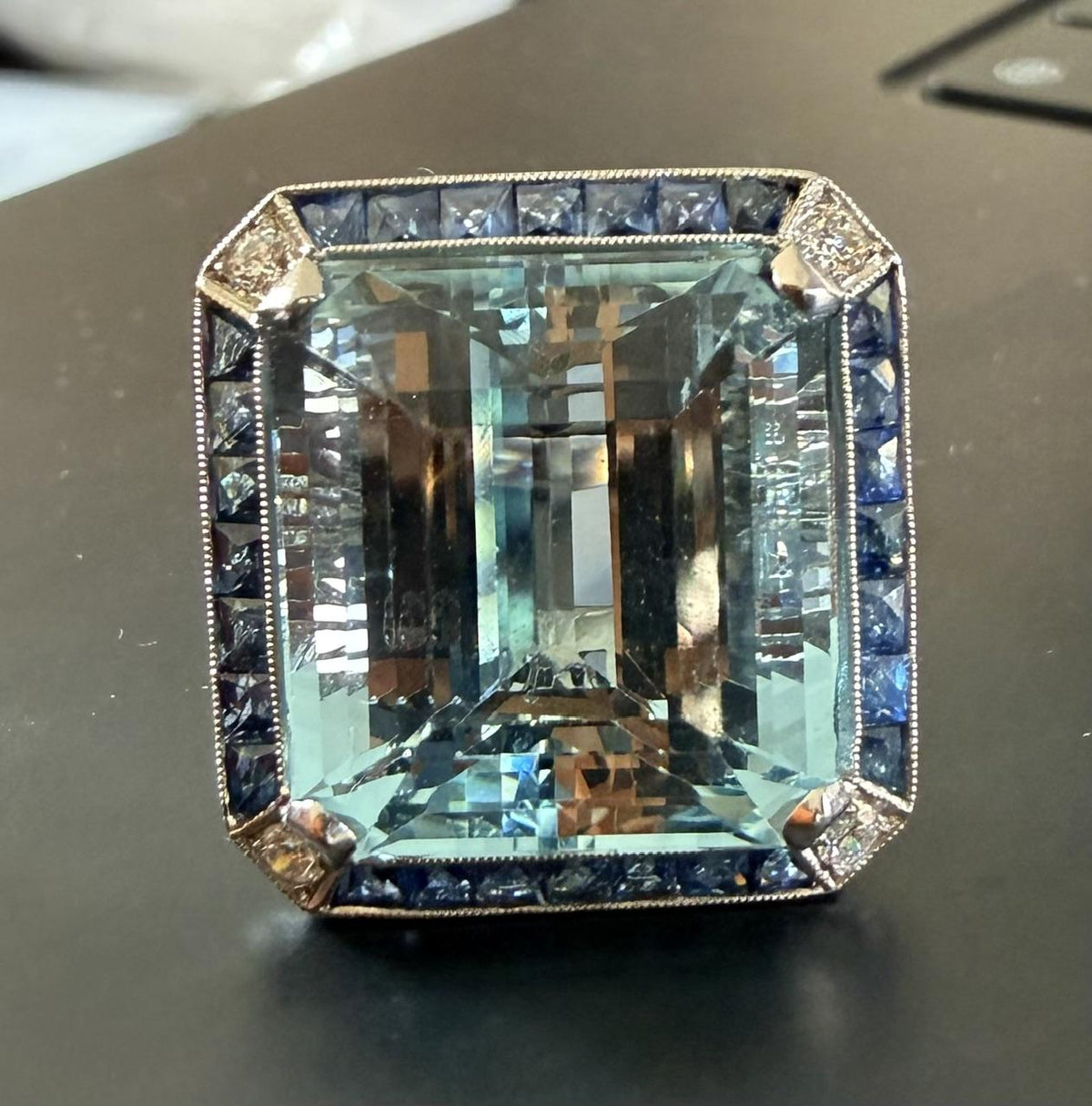 18.67ct Aquamarine 2.23ct Sapphire Platinum Handmade Ring .47ct Diamond 11.34g