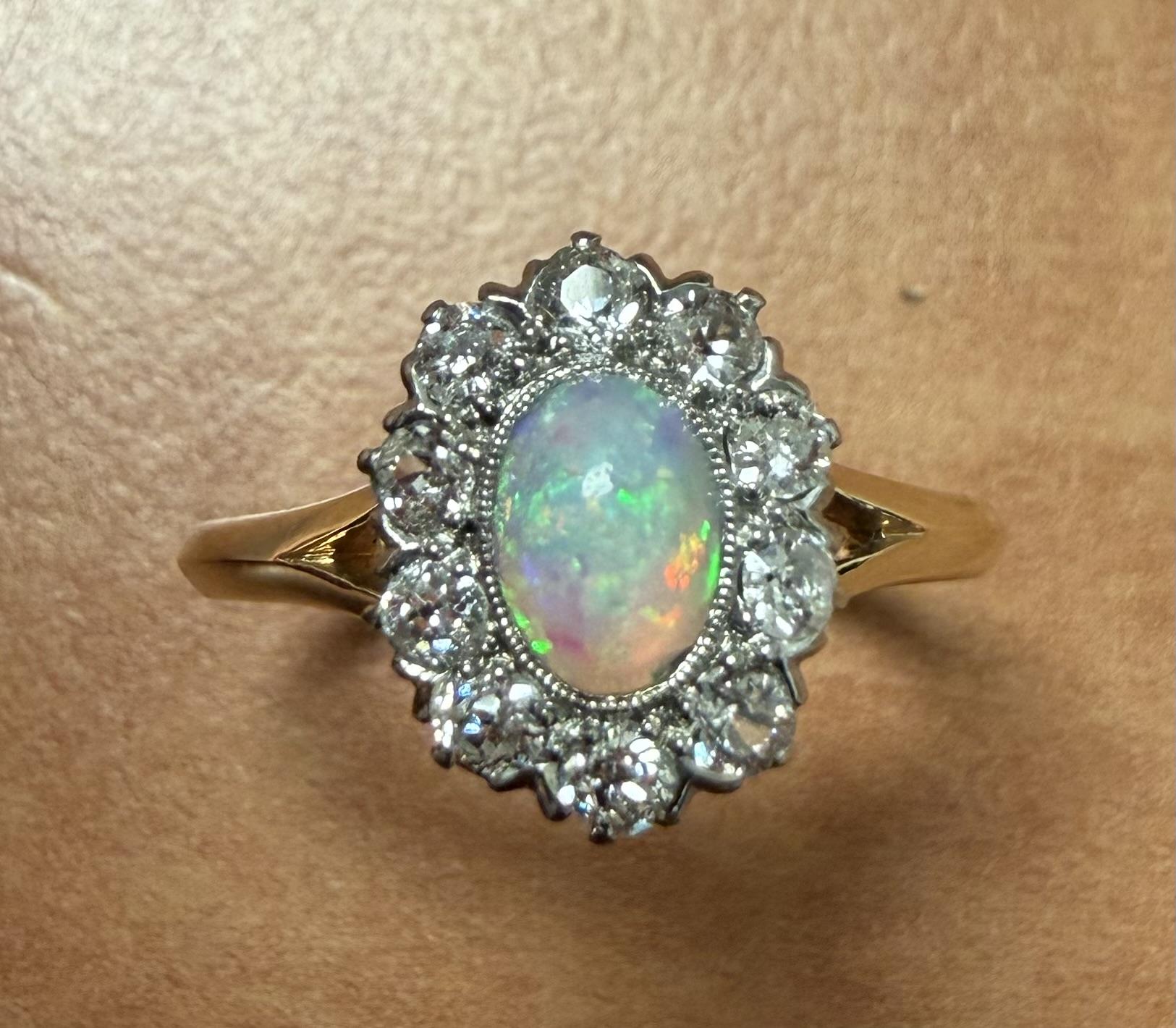 Original Edwardian .35ct Opal .70ct Old Mine Diamond Platinum + 18KY Ring