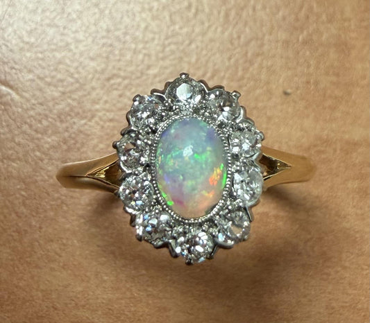 Original Edwardian .35ct Opal .70ct Old Mine Diamond Platinum + 18KY Ring