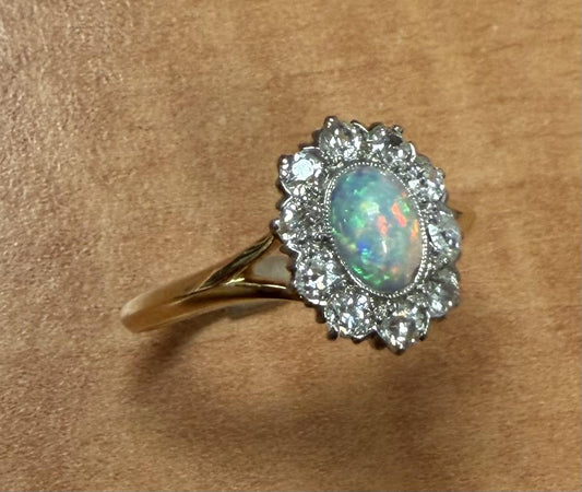 Original Edwardian .35ct Opal .70ct Old Mine Diamond Platinum + 18KY Ring
