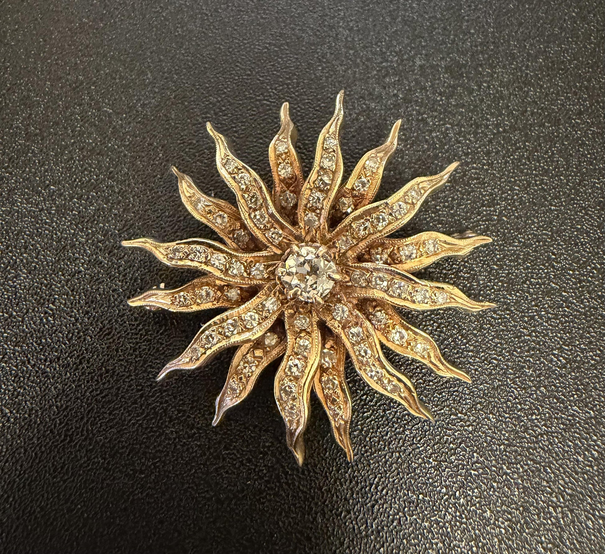Original Victorian .60ct Old European Diamond Center 14KY Starburst Brooch