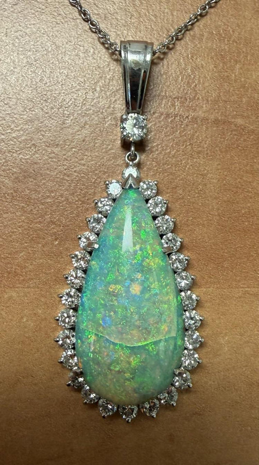 14.97ct Boulder Opal 2.02ct Diamond Platinum Pendant 12.78g 2.25" Crazed