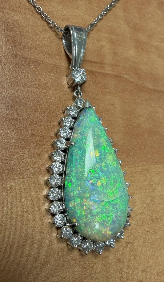 14.97ct Boulder Opal 2.02ct Diamond Platinum Pendant 12.78g 2.25" Crazed