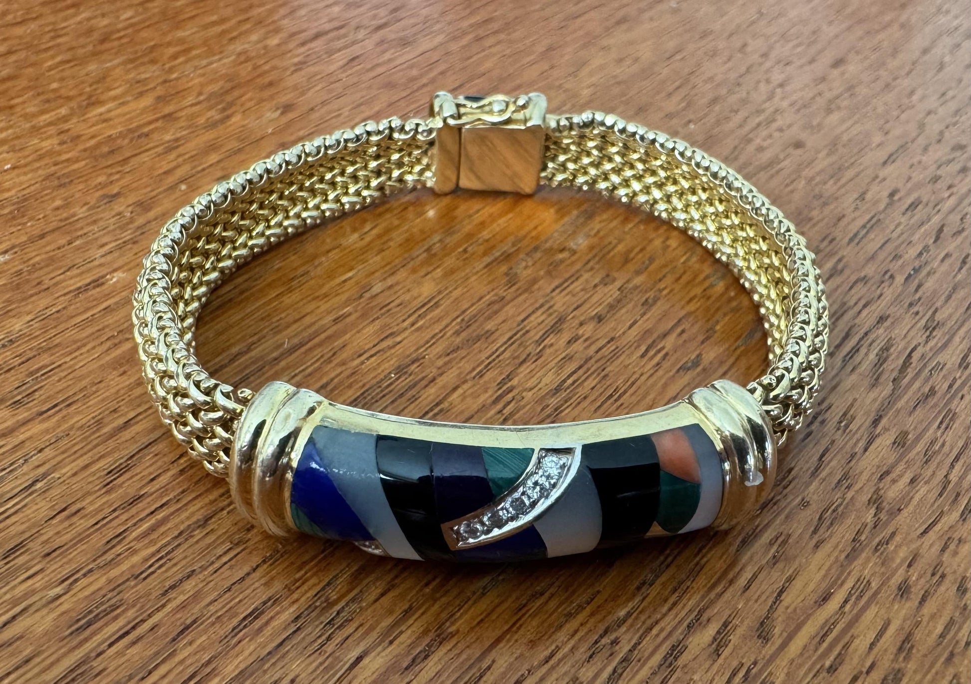Original .26ct Diamond Inlaid Onyx, Mother of Pearl, Blue Lapis 14KY Bracelet