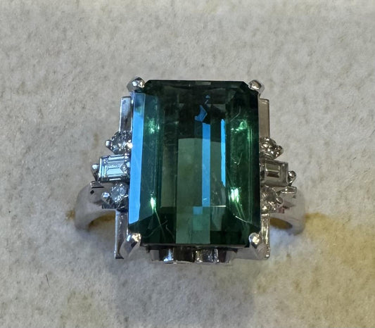 5.25ct Green Tourmaline .23ct Diamond Platinum Handmade Ring