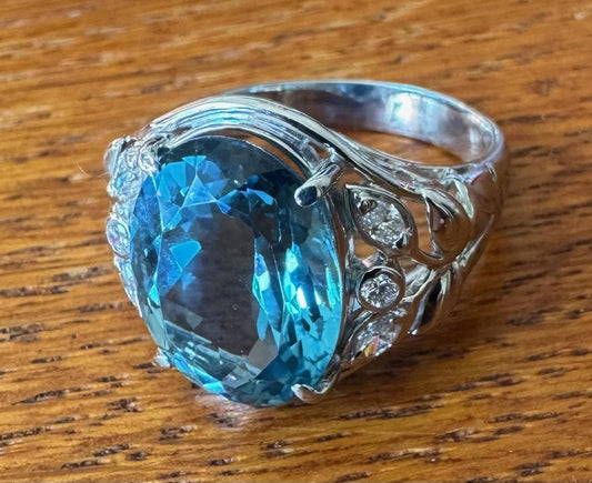 11.06ct Blue Zircon .28ct Diamond Platinum Ring