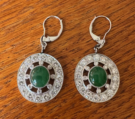 3.50ct Jade 3.20ct Diamond PT+14KW Earrings