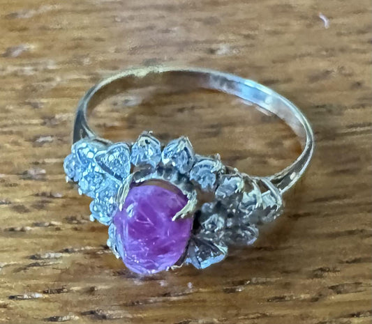 1.50ct Cabochon Pink Ruby .16ct Diamond 14KY Ring