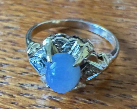 Original Art Deco 2ct Cabochon Sapphire .03ct Diamond 14K 2 Tone Ring (1930s)
