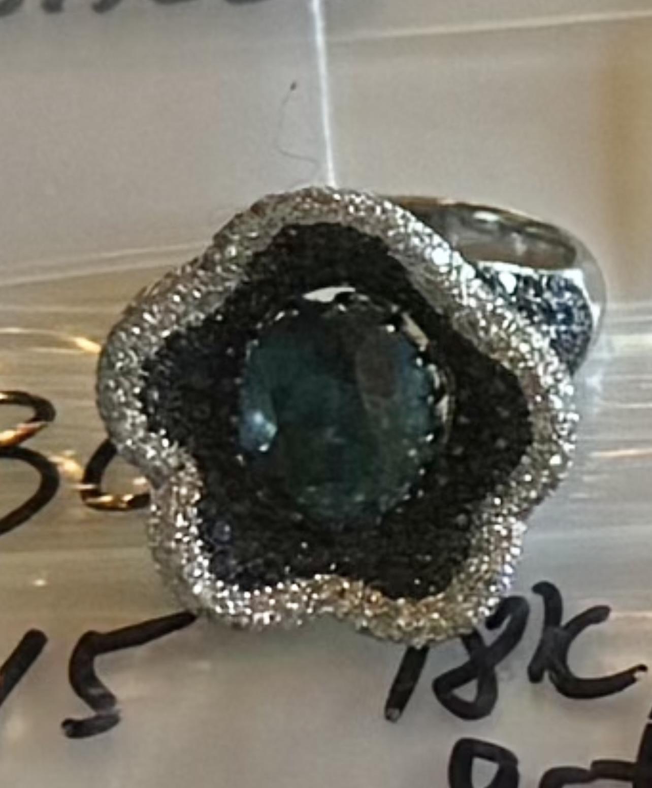 9ct Blue Green Zircon 18KW Ring 6.50ct Sapphires 1.30ct Diamonds 18.4g