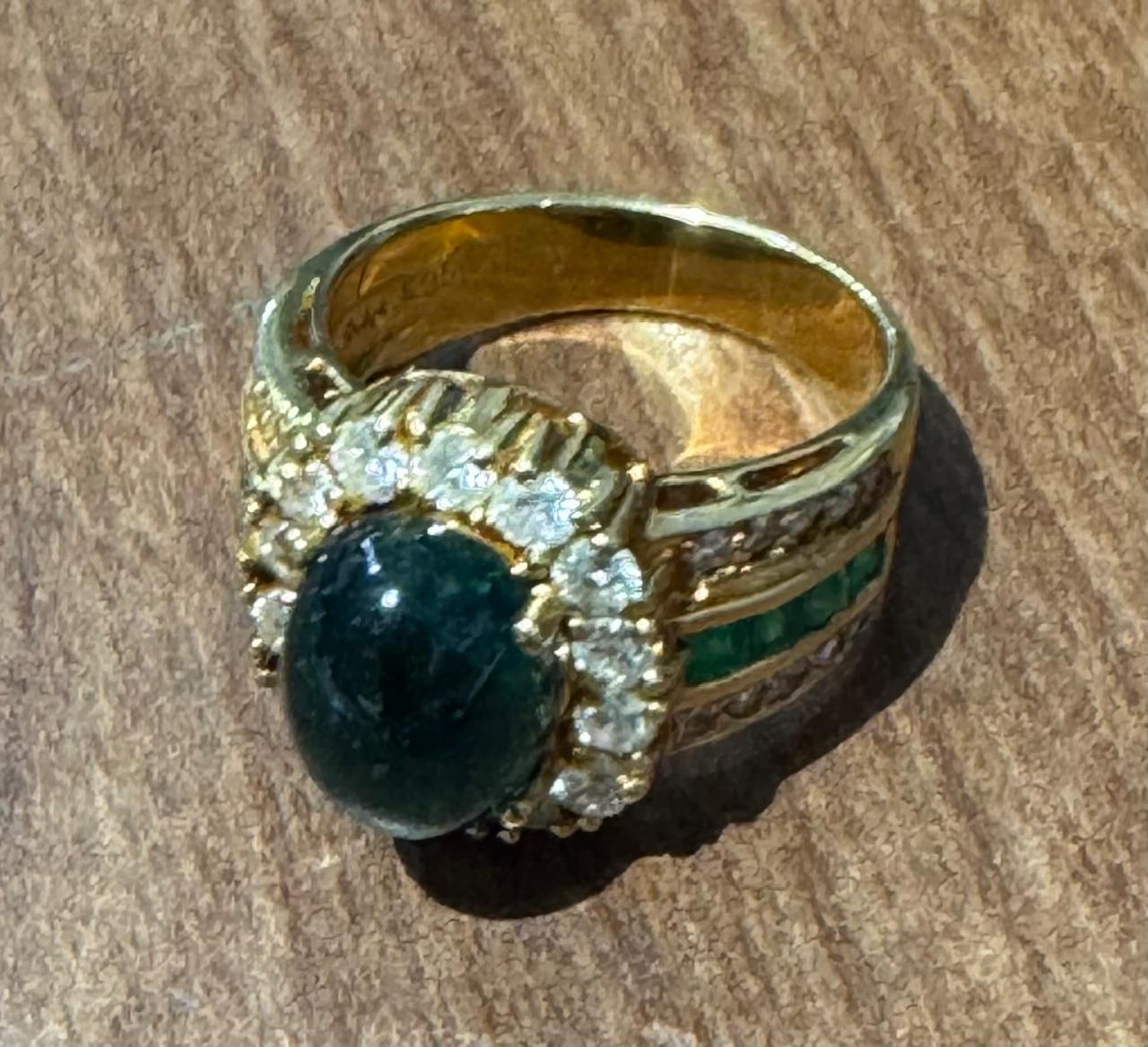 3.58ct Cab Emerald .92ct Diamond 18KY Ring .32ct Eme