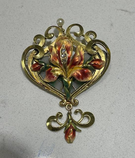 Art Nouveau Plique-a-Jour Enamel Flower Bouquet Brooch (Antique 1890s) 1.75"